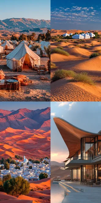 沙漠与海景交融的度假胜地，现代建筑与露营帐篷并存，日落时分，金色沙丘与湛蓝海水形成鲜明对比，镜头低角度，广角镜头，柔和的自然光，温暖的色调，悠闲放松的氛围，极简主义风格，高动态范围，细腻纹理，人物身着休闲度假装，微笑，宁静愉悦。