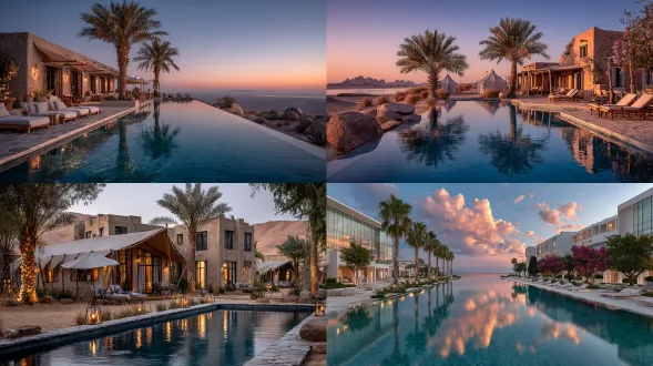 沙漠与海景交融，现代极简度假酒店，无边泳池延伸至海岸线，露营帐篷点缀沙丘，棕榈树摇曳，全景构图，低角度广角镜头，黄昏金色光晕，长曝光水面丝绸质感，玻璃反光建筑轮廓，中性大地色系，静谧奢华，慢门流动云层，度假者慵懒躺椅，亚麻长裙，宽檐草帽，柔和阴影