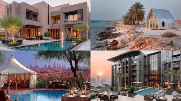 "沙漠与海景交融，现代度假酒店与露营帐篷共存，日落时分，金色沙丘与碧蓝海洋对比，极简主义建筑线条，游客休闲漫步，泳池反射天光，棕榈树点缀，无人机俯拍，广角镜头，高动态范围，温暖色调，宁静氛围，自然与人工和谐。"