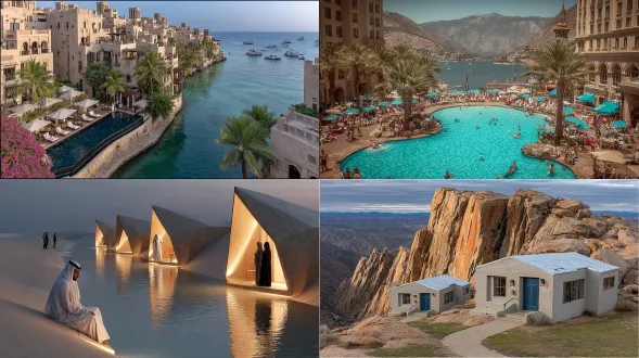 沙漠与海景交融，现代度假酒店与露营地并存，几何线条建筑，透明落地窗，无边际泳池，夕阳暖光，棕榈树点缀，人物穿亚麻长袍，悠闲姿态，柔和阴影，长焦镜头，低饱和度，大地色系，宁静惬意