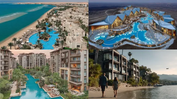 沙漠与海景交融的度假胜地，当代建筑与自然露营融合，豪华酒店掩映在绿洲中，大片仙人掌与棕榈树环绕，透明泳池悬于沙丘之上，落日余晖映衬玻璃幕墙，游客身着休闲夏装漫步，无人机俯瞰视角，低饱和度色调，柔焦效果，黄金时刻光线，生态友好设计，宁静奢华氛围