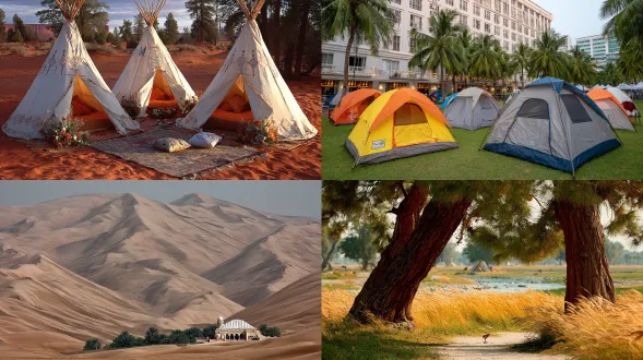 沙漠与海景交融，现代度假酒店，露营帐篷点缀，绿植环绕，日落暖光，广阔视角，极简建筑线条，棕榈树摇曳，宁静氛围，柔和阴影，自然材质，大地色系，平静愉悦，长焦镜头，黄金时刻，低饱和度，微风拂动，沙丘曲线，水平构图，开放空间，和谐共生。