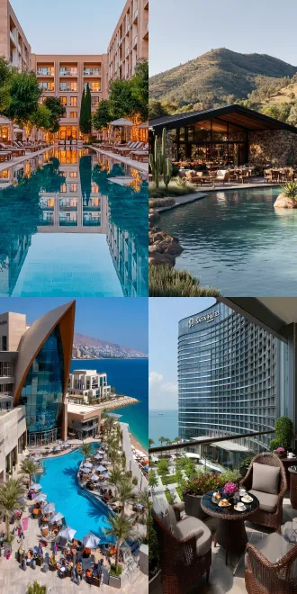 "金色沙漠与碧蓝海景交融，现代几何风格度假酒店，绿洲植物环绕，全景构图，自然光线，柔和阴影，玻璃幕墙反射，棕榈树点缀，日式极简主义，低饱和度色调，宁静氛围，晨雾朦胧，无人机俯拍，超广角镜头，中性色家具，线性透视，生态建筑，仙人掌群，浅景深。"