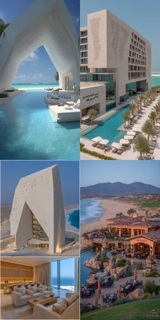 沙漠与海景交融，度假天堂，现代极简主义酒店，几何线条建筑，无边泳池俯瞰海洋，棕榈树与多肉植物点缀，柔和沙色与碧蓝海水对比，自然光线，广角镜头，低角度拍摄，平静祥和，高级质感，中性色调，微风拂动纱帘，慵懒躺椅，奢华舒适。