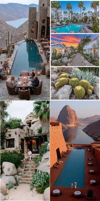 沙漠与海景交融，现代风格酒店矗立沙丘之上，玻璃幕墙反射夕阳，棕榈树环绕无边泳池，度假者身着浅色亚麻服饰躺卧露台，惬意微笑，仙人掌与多肉植物点缀阶梯景观，低角度广角镜头，柔和黄金时刻光线，高饱和度冷暖对比，极简主义构图，动态云层，宁静奢华感