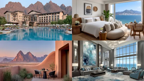 沙漠与海景交融，现代度假酒店，中式美学建筑，简约线条与天然材质，柔和自然光，大面积落地窗，竹林庭院，禅意软装，低饱和度色调，宁静氛围，几何构图，广角镜头，清晨薄雾，温润木质，静谧蓝调，极简主义，光影层次，开放空间，东方意境，和谐统一