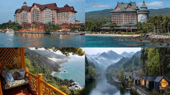 海景度假酒店，中式美学建筑，优雅对称构图，木质屏风与青花瓷装饰，暖黄灯光，宁静海面，晨雾缭绕，水墨色调，广角镜头，柔和散射光，静谧氛围，中式软装细节，禅意意境，内涵深远。