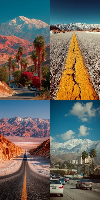 沙漠公路延伸至远方的雪山，淡雅复古色调，宁静深远，禅意悠然，广角镜头，低饱和度，柔和光影，远景构图，冷色调天空，简约线条，颗粒感质感，平缓曲线，极简主义，空灵氛围，无风，静止，孤独感，怀旧胶片风格。