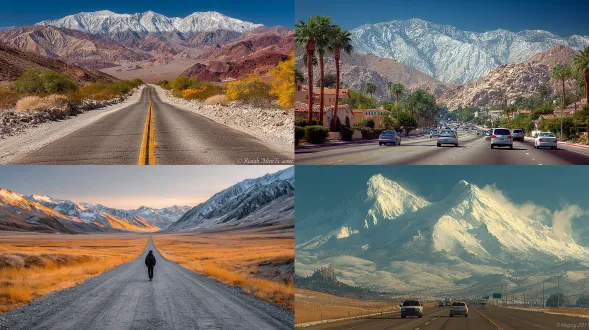 沙漠公路延伸至雪山脚下，复古淡雅色调，广阔天空，禅意宁静，低对比度，柔焦效果，浅褐色调，长焦镜头，侧逆光，极简构图，平静氛围，孤独旅人，复古夹克，沉思表情，沙漠纹理，雪山轮廓，柔和阴影，中性色彩，深远意境。