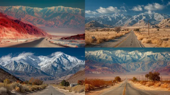 沙漠公路蜿蜒延伸，远处雪山巍峨，复古风格，淡雅柔和色调，低饱和度，广角镜头，黄昏光线，柔和阴影，公路中线引导视线，空旷寂寥，禅意氛围，宁静深远，极简构图，胶片质感，轻微颗粒感，温暖中性色，地平线居中，无人物，自然静谧。