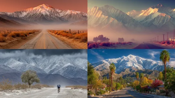 沙漠公路蜿蜒通向远方，背景是巍峨雪山，复古滤镜，淡雅色调，宁静深远，禅意悠然，广角镜头，低对比度，柔和光线，清晨薄雾，孤独旅者，简约着装，沉思表情，温暖自然色，静态构图，高分辨率，胶片质感，冷色调天空，沙粒细节，意境深远。