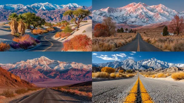 沙漠公路延伸至雪山脚下，复古淡雅色调，广角镜头，低饱和度柔和光影，禅意宁静，远景层次分明，沙丘纹理细腻，公路线条引导视线，雪山朦胧轮廓，温暖晨光，空灵氛围，极简构图，胶片质感，自然柔和，静谧深远。