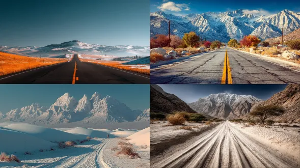 沙漠公路延伸至远方，两侧沙丘起伏，远处雪山巍峨，复古风格，淡雅柔和色调，宁静深远，禅意悠然，低饱和色彩，广角镜头，柔和自然光，静谧空灵，极简构图，细腻纹理，温暖晨光，褪色胶片感，孤独旅人，宽松亚麻衣，平和微笑，缓慢行走，沙尘轻扬，意境悠远。