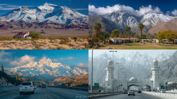 "沙漠公路蜿蜒延伸，远处雪山巍峨，复古风格当代建筑点缀其中，淡雅色调，宁静深远，禅意悠然。低饱和度，柔和光线，长焦镜头，广袤天空，极简构图，对称设计，冷色调为主，温暖点缀，平和氛围，静止感，沙粒质感，远山轮廓，建筑几何线条，清晨薄雾。"