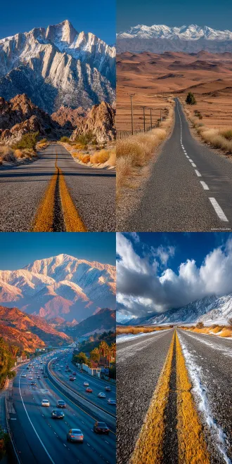 沙漠公路延伸至远方的雪山，两侧简约当代建筑点缀，复古风格，淡雅柔和色调，广角镜头，低饱和度，自然柔和光线，宁静深远，禅意悠然，极简构图，对称布局，温暖中性色，宁静氛围，微风中飘动的纱帘，建筑线条简洁流畅，远处雪山若隐若现，空灵美感。