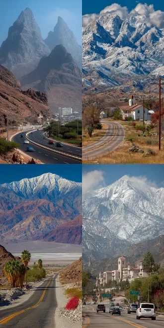 沙漠公路延伸至雪山脚下，复古淡雅色调，当代极简建筑点缀，宁静深远禅意，广角镜头，柔和散射光，低饱和度，几何构图，空旷寂寥，浅灰蓝与沙色交融，平静祥和，慢快门，细腻质感，远山朦胧，公路线条引导视线，禅意空间感