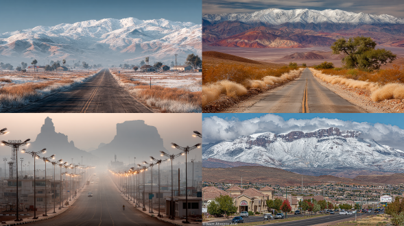 沙漠公路延伸至远方，两侧雪山耸立，复古风格当代建筑点缀其间，淡雅色调营造宁静禅意氛围，广阔天空，低饱和度，柔和光线，长焦镜头，极简主义，对称构图，浅景深，远山朦胧，孤寂感，温暖中性色调，静谧深邃，水平线构图，宁静致远。