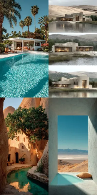 沙漠泳池度假景观，极简美学建筑民宿，绿植环绕，清澈池水与沙丘对比，几何线条设计，中性色调，自然光与阴影交错，平静氛围，广角镜头，低饱和度，现代主义风格，空旷感，宁静放松。