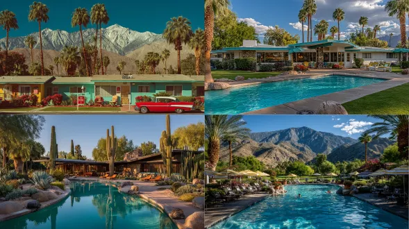 沙漠泳池民宿，极简建筑美学，仙人掌与棕榈点缀，无边泳池延伸至沙丘，低矮几何线条建筑，中性色调，强烈光影对比，广角镜头，黄金时刻，平静慵懒，哑光质感，垂直构图，沙漠绿洲，现代主义，宁静度假氛围