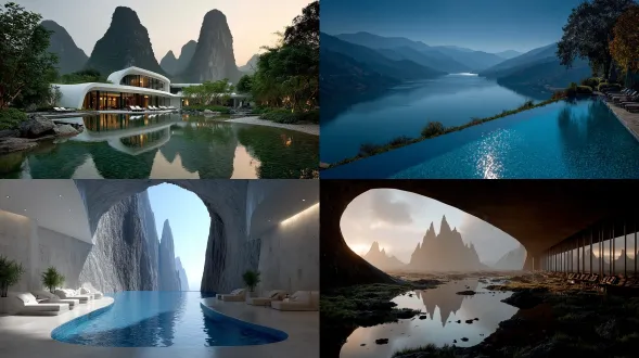 山川河流环抱，现代简约民宿，无边泳池悬于崖边，全景拍摄，自然光，低饱和度，清晨薄雾，木结构建筑，落地玻璃，宁静氛围，休闲度假，极简设计，柔和阴影，水平线构图，远山倒影，清澈水面，轻奢风格，温暖阳光，舒适躺椅，绿色植被。