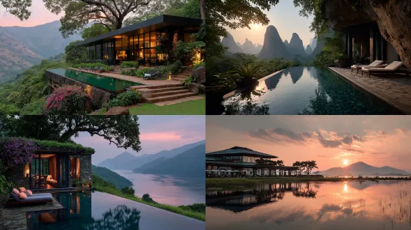 山川河流环绕的现代民宿，无边泳池融入自然景观，木结构与玻璃建筑，远山倒影，夕阳金色光芒，航拍视角，广角镜头，高动态范围，冷色调与暖色对比，宁静奢华，度假氛围，极简主义设计，水面反光，薄雾缭绕，柔和阳光，几何线条，自然材质，舒适放松，高端旅拍，低饱和度。