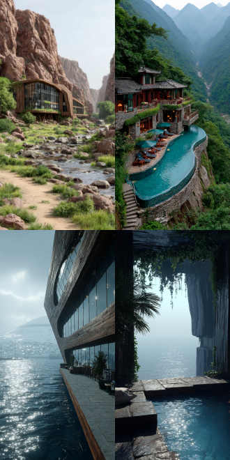 山川河流环绕，现代简约民宿，无边泳池悬于悬崖边，全景构图，自然融入建筑，清澈水面倒映天空，柔和晨光，广角镜头，低饱和度色彩，宁静氛围，木质结构，玻璃幕墙，绿植点缀，度假风情，水面涟漪，远处薄雾，温暖色调，悠闲放松