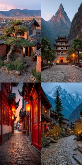 "中式建筑景观，对称构图，飞檐翘角，雕花门窗，庭院深深，山水环绕，红墙黛瓦，细腻纹理，黄昏柔光，长焦镜头，高动态范围，传统美学，宁静氛围，青石板路，古树参天，层次分明，暖金色调，庄重典雅。"