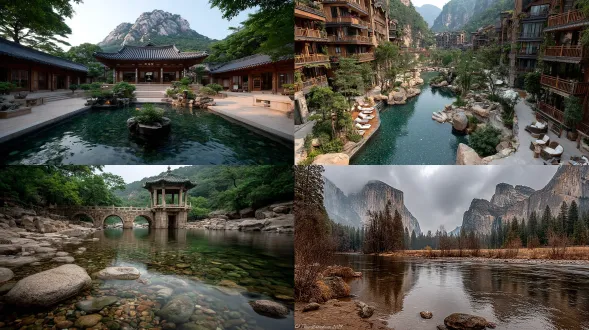 山川草原环绕古老诧寂风建筑，木结构禅意庭院，清澈溪流穿行，复古石桥，灰褐色调，柔和晨光，薄雾缭绕，低饱和，广角镜头，长曝光流水，静谧感，度假氛围，木质纹理细节，极简构图，自然融合，沉思情绪。