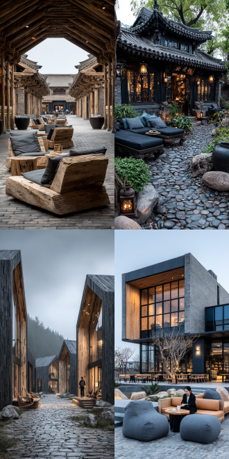 森林度假酒店，极简中式庭院，时尚休闲，对称构图，开放空间，木质结构，石板小径，现代禅意，柔和自然光，低饱和度色调，浅景深，50mm镜头，宁静氛围，绿植点缀，简约家具，舒适躺椅，悠闲人物，亚麻服饰，淡然微笑，平和情绪