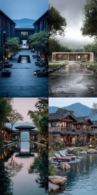 森林度假酒店，极简中式庭院，现代时尚元素，休闲氛围，对称构图，柔和自然光，浅色调，禅意空间，木质结构，石径小路，绿植点缀，宁静感，落地窗，舒适躺椅，竹编装饰，简约线条，远山背景，薄雾缭绕，宁静致远。