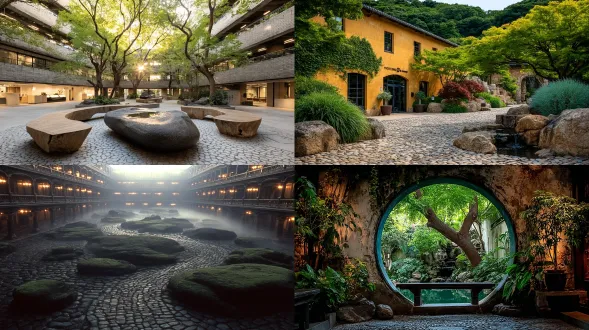 森林度假酒店，极简庭院设计，融合欧洲与亚洲风格元素，东西方美学交汇，木质结构，石板路，日式枯山水，欧式拱门，自然采光，柔和阴影，对称构图，低饱和度色彩，宁静氛围，禅意，浅景深，35mm镜头，晨雾，微距细节，绿植环绕，光影交错，和谐平衡