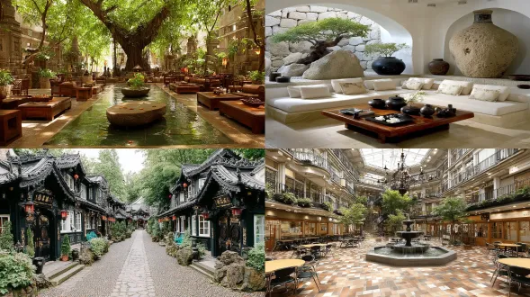 森林度假酒店极简庭院，艺术美学融合欧亚风格，东西方美学交汇，对称布局，自然光线，浅色调，禅意氛围，木结构与石雕装饰，宁静优雅，日式枯山水与欧式喷泉结合，大光圈镜头，柔和阴影，几何线条，极简家具，绿植点缀，沉静和谐