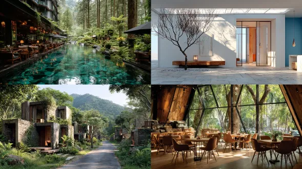 森林度假酒店，极简主义设计，庭院景观，融合东西方美学，自然与现代结合，对称构图，浅色调，柔和自然光，长焦镜头，全景视角，静谧氛围，高级质感，几何线条，禅意装饰，木质元素，宁静致远