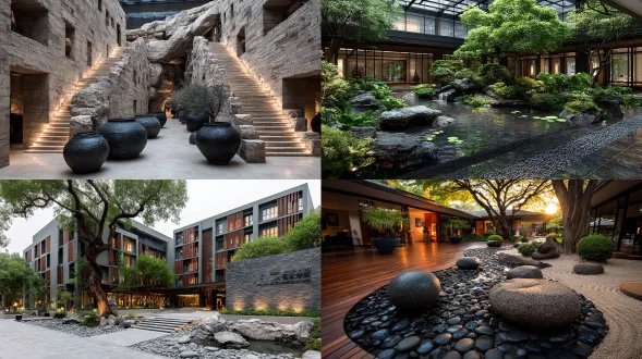森林度假酒店，极简庭院设计，融合东西方美学，侘寂风室内，禅意空间，自然光线，木质结构，中性色调，低饱和度，对称构图，开放式布局，陶瓷装饰，枯山水元素，柔和阴影，宁静氛围，静谧感，留白艺术，无主灯设计，天然材质，和谐统一