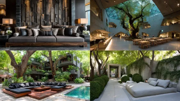 森林度假酒店，极简庭院设计，融合东西方美学，侘寂风格，禅意空间，室内自然光线，木质家具，中性色调，低饱和度，几何构图，留白艺术，宁静氛围，柔和阴影，自然材质，安静祥和，艺术美学，对称布局，微距细节，柔和光照，静谧感