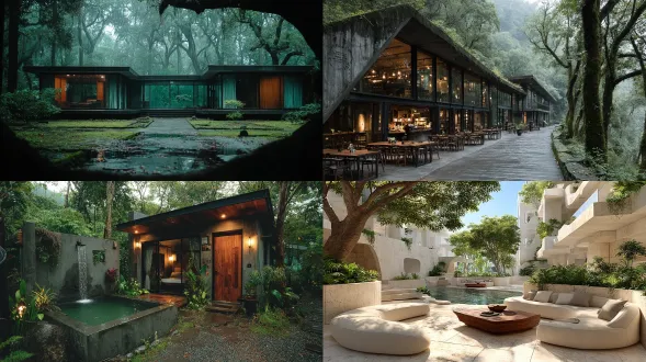 森林度假酒店，极简庭院设计，融合东西方美学，侘寂风格，禅意空间，自然光线，木质结构，柔和色调，对称构图，静物摄影，广角镜头，低饱和度，留白艺术，陶器装饰，苔藓细节，纱帘飘动，中性色调，宁静氛围，开放式布局，光影交错，简约线条