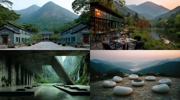 森林度假酒店，极简庭院，东西方美学融合，侘寂风禅意空间，自然光线，木质结构，低饱和度色调，对称构图，留白设计，陶器装饰，柔和阴影，静物摆放，宁静氛围，远山背景，落地窗，亚麻布艺，石质地面，禅意插花，微距镜头，清晨雾气，温暖日光，冥想角落