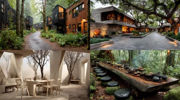 森林度假酒店，极简庭院，侘寂美学，自然材质，柔和光线，低饱和度，几何构图，留白艺术，苔藓石板，枯山水，宁静氛围，木质结构，手工陶器，禅意，晨雾，浅景深，中性色调，静谧，无人物，对称布局，自然光影。