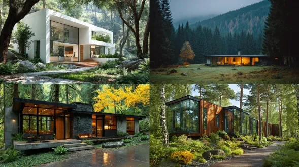 现代房屋，茂密森林环绕，大玻璃窗，极简设计，自然光，木质元素，前方草坪，晴朗天空，广角镜头，柔和阴影，低对比度，中性色调，环境光，静止构图，几何线条，通透感，宁静氛围，自然融合，细腻纹理，现代优雅