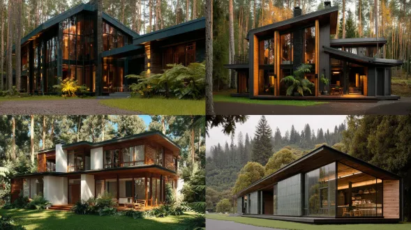 现代房屋被茂密森林环绕，大片玻璃窗，极简设计，自然采光，木质元素，前方草坪区域，清澈天空，广角镜头，柔和散射光，高动态范围，中性色调，宁静氛围，对称构图，环境融合，低饱和度，现代建筑风格，绿意盎然，天然材质，开放空间，平和感。