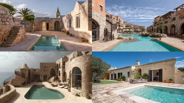 现代地中海风格泳池，米色石材环绕，拱形窗户和螺旋楼梯的建筑细节，部分多云的天空，对称构图，自然光线，浅蓝色池水与暖色石材对比，广角镜头，高动态范围，宁静氛围，度假感，柔和阴影，细腻纹理，中性色调，平静水面倒影。