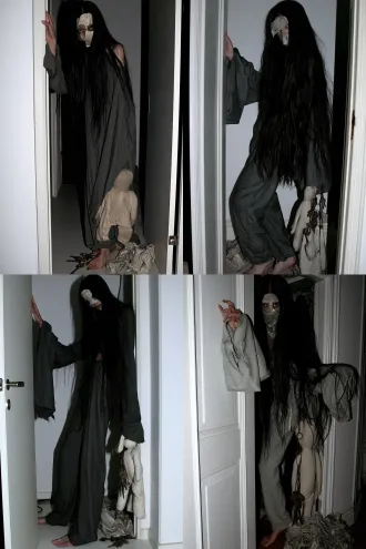 full body portrait of a japanese female apartment closet yokai appearing 25 years old, unnaturally tall and thin build, long slender limbs, narrow shoulders and thin waist, long straight black hair, middle part, uneven dry ends, old newspaper mask fully covering the face with two irregular eye openings, no eye makeup, deep black eye circles, gray old loungewear, overly long sleeves covering the backs of hands, barefoot, right hand reaching out from a closet door gap, left hand holding a faceless cloth doll, old keys and crumpled newspapers by the feet, one eye staring through the paper slit with tiny pupil, natural standing pose, full body visible, entire figure within frame, pure white background, isolated, cinematic lighting, ultra-detailed, film still quality, 8k