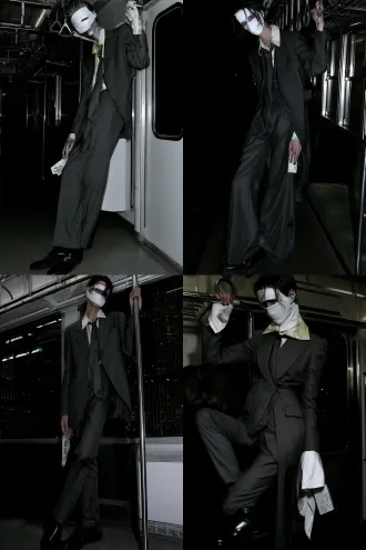full body portrait of a japanese male last-train subway ghost appearing 35 years old, tall thin build, slightly long neck, narrow shoulders, short black hair, oily and stuck to forehead, receding hairline, white handkerchief mask fully covering the face with a single horizontal eye slit, no eye makeup, deeply sunken eye sockets, old gray suit, loose necktie, yellowed white shirt collar, black leather shoes, right hand gripping a subway strap, left hand hanging down holding an expired monthly pass, dark red mark on suit hem, unfocused eyes staring straight ahead through the slit, natural standing pose, full body visible, entire figure within frame, pure white background, isolated, cinematic lighting, ultra-detailed, film still quality, 8k