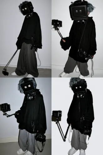 full body portrait of a japanese male late-night livestream pixel yokai appearing 22 years old, medium slim build, slightly hunched, thin arms, faded blue-gray short messy hair with black roots, black crt screen mask fully covering the face with two glowing pixel eye holes, screen static noise, black hoodie, gray sweatpants, white slippers, right hand holding a selfie stick, left hand holding a game controller, headphones around neck, data cable in hoodie pocket, pixel eye holes flickering in unnatural square shapes, natural standing pose, full body visible, entire figure within frame, pure white background, isolated, cinematic lighting, ultra-detailed, film still quality, 8k