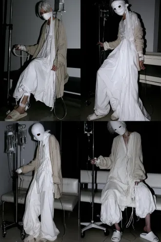 full body portrait of a japanese female hospital corridor infusion yokai appearing 60 years old, tall heavy build, slightly hunched back, swollen legs, sparse gray-white short hair stuck to scalp, white medical gauze mask fully covering the face with two small eye holes, no eye makeup, drooping eyelids, old hospital gown, beige cardigan, slippers, medical tape on the back of left hand, right hand pushing an iv stand, left hand dragging an iv tube, transparent iv bag with clear liquid, hospital bench behind, half-closed eyes as if waiting to be called, natural standing pose, full body visible, entire figure within frame, pure white background, isolated, cinematic lighting, ultra-detailed, film still quality, 8k