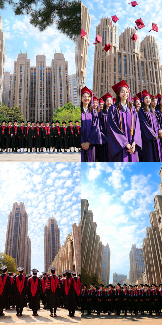 体育毕业生合影，高楼背景，整齐排队，穿着学位服，微笑表情，阳光照射，广角镜头，自然光，高色彩饱和度，集体照，青春活力，蓝天白云，建筑线条，毕业帽抛起，欢乐氛围，低角度拍摄，细节丰富，现代都市，鲜明对比，温暖色调