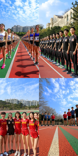 8个体育毕业生并排站立，身着统一的运动服，背景是田径场跑道，阳光明媚，笑容自信，站姿挺拔，广角镜头，低角度拍摄，侧光，高饱和度，动态感，团队精神，青春活力，蓝天白云，红绿相间的跑道，细节清晰，整齐排列，强对比度。