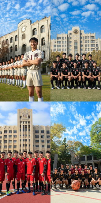 "8位男性体育毕业生合影，整齐排列，运动服统一，自信微笑，校园操场，蓝天白云，自然光，35mm镜头，高清晰度，团体照，活力四射，暖色调，正面拍摄，轻微仰角，青春洋溢，友谊手势，阳光明媚，背景虚化，专业感。"