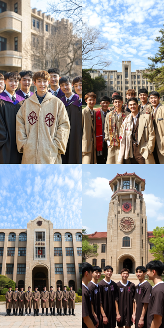 8个男性体育毕业生，穿着校服或学士服面对镜头合影，整齐排列，背景为操场或校园建筑，自然光，广角镜头，高饱和度，青春活力，微笑表情，集体荣誉感，仰视角度，蓝天白云，低色温，团体照，动态平衡，细节清晰。