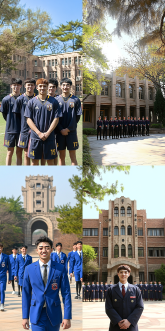 8个男性体育毕业生穿着深蓝色校服并排站立，面带自信笑容，阳光照射，校园操场背景，绿树蓝天，广角镜头，高清晰度，自然光，欢快氛围，青春活力，集体合影，浅景深，鲜艳色彩，正面视角。